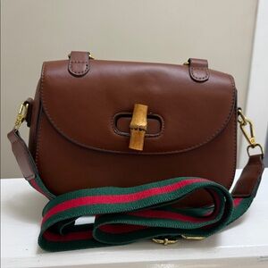 Brown Leather Crossbody Bag with Bamboo Accent